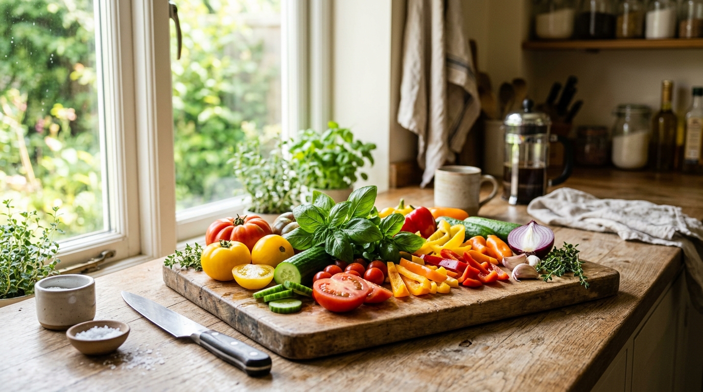 Čerstvá sezónní zelenina a bylinky na dřevěném prkénku v ranním světle