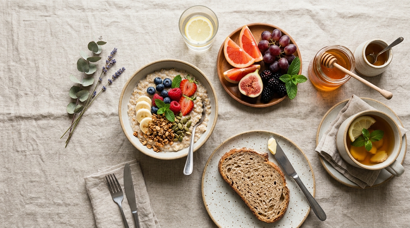 Pestré zdravé snídaně — ovesná kaše s čerstvým ovocem a ořechy