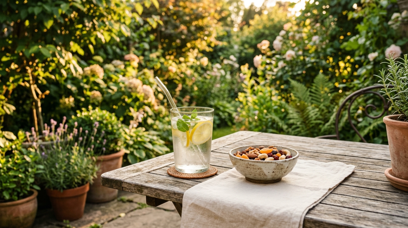 Sklenice vody s citronem a mátou na zahradním stole v teplém světle